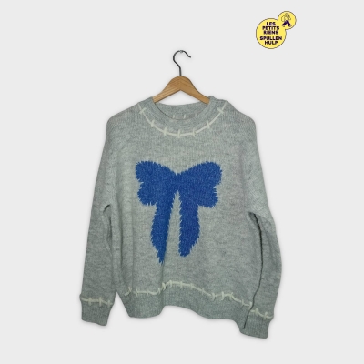 Pull Tricot Gris Ky Création Motif Bleu Coutures Apparentes T.unique