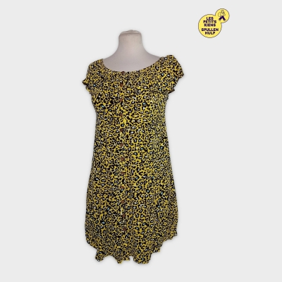 Robe Courte Col Bateau Jaune Imprimé Léopard
