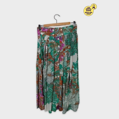 Jupe Plissée Femme Motif Floral Vert Orange Viscose M