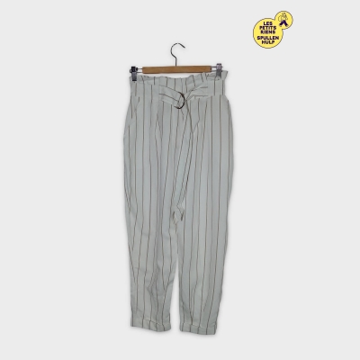 Pantalon Fluide Paperbag Bershka Rayures Beige Et Blanches M