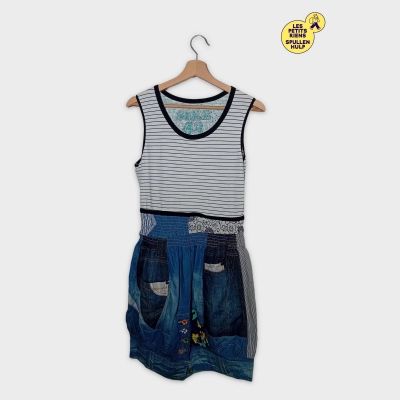 Robe Sans Manches Desigual Rayures Patchwork Denim Taille: Xl/42/14
