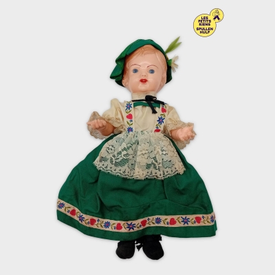 Poupée Ancienne Costume Traditionnel Vert Crème Jouet Vintage Collection