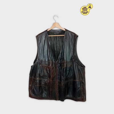 Gilet Quaceci Cuir Marron Vintage Poches Xxl