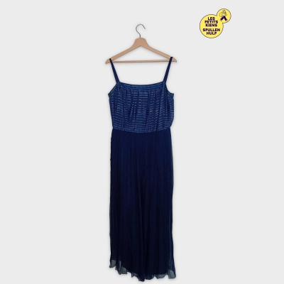 Robe Longue Soie Bleue Rayures Argentées Xl/42