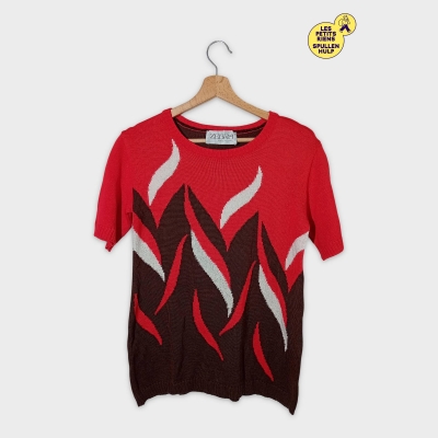 Pull Maille Manches Courtes Zebra Motif Graphique Rouge Et Marron L