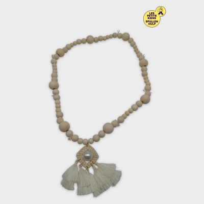 Collier Sautoir Bohème Perles Bois Et Pompons Label Jaune