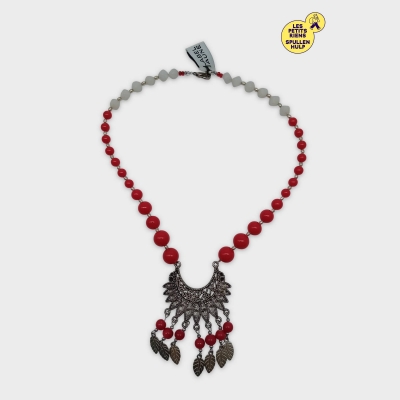 Collier Plastron Ethnique Perles Rouges Et Blanches Label Jaune