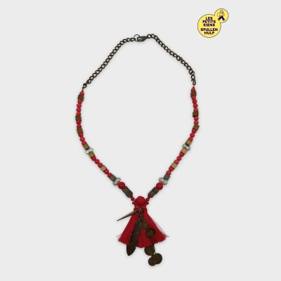 Collier Rouge À Pompon Et Perles Label Jaune 🟡