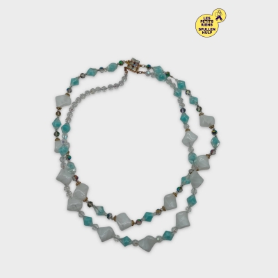 Collier Vintage Label Jaune 2 Rangs Perles Pâte De Verre Bleu Blanc 🟡