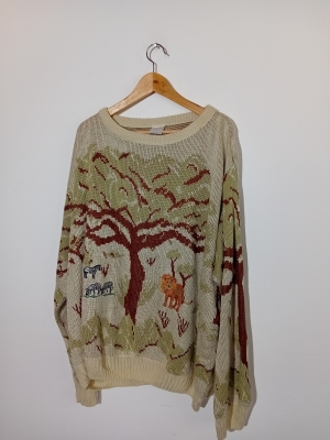 Pull Vintage En Maille Beige Motif Savane