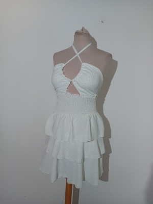Robe Courte Blanche À Volants Et Strass Sara Moda