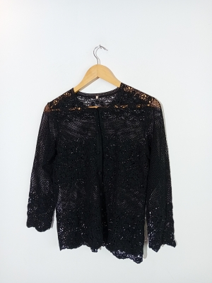 Gilet Vintage En Maille Crochet Noire Ajourée
