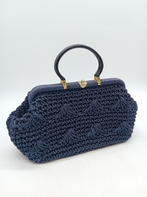 Sac A Main Vintage En Maille Tressee Bleue Marine