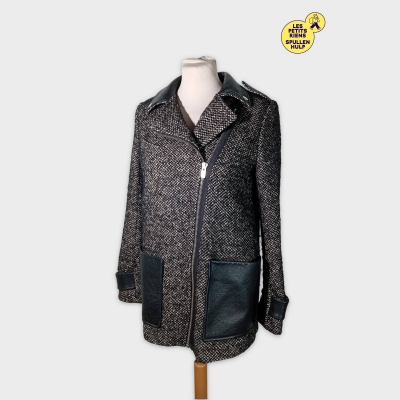 Veste Zippée Tweed Maje Avec Détails Cuir M