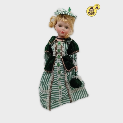 Poupée De Collection Porcelaine Style Victorien Robe Rayée Verte Et Blanche