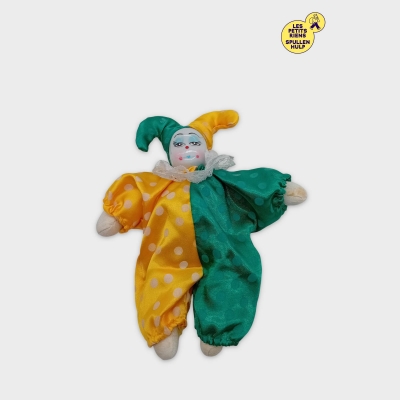 Poupée Clown Arlequin Jaune Vert Vintage Tête Porcelaine 17cm