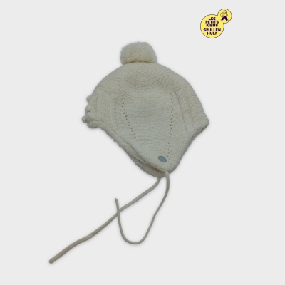 Bonnet Bébé Tricot Crème Doublé Polaire Avec Pompon Et Liens
