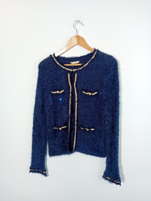 Gilet En Maille Duveteuse Sequins Bleu Marine