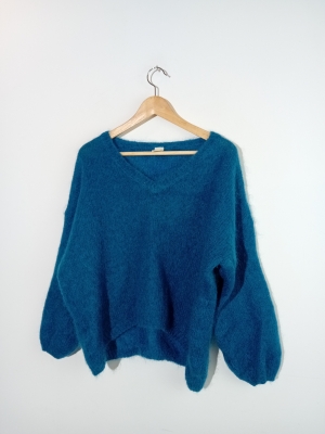 Pull Col V Mohair Bleu Canard