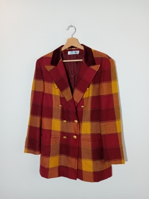 Veste vintage en laine &agrave; carreaux bordeaux et jaune