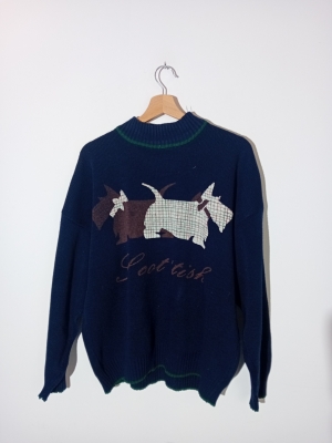 Pull Vintage Bleu Marine Chien Scottish