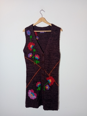 Gilet Sans Manches Brod&eacute; Floral Marron