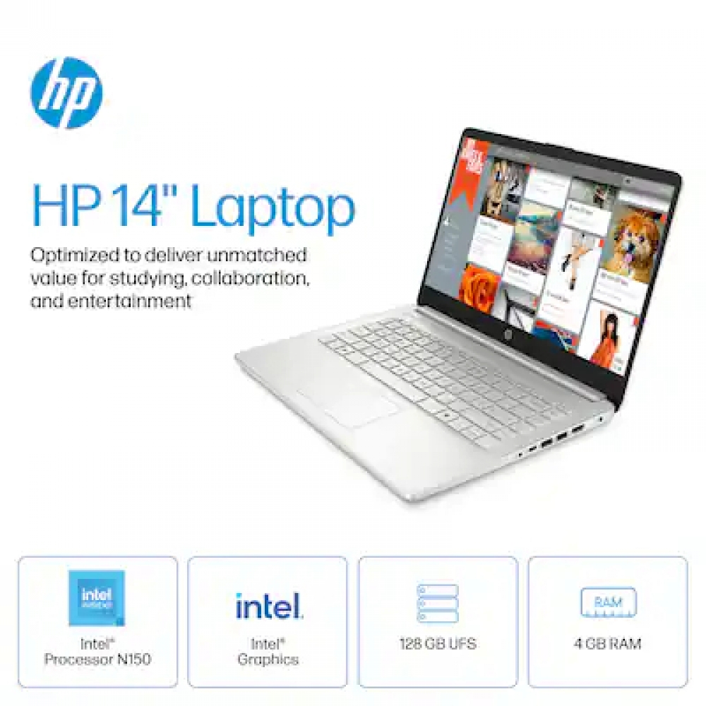 HP 14” Laptop – Intel Processor N150 – 4GB RAM – 128GB SSD – Windows 11 – Natural