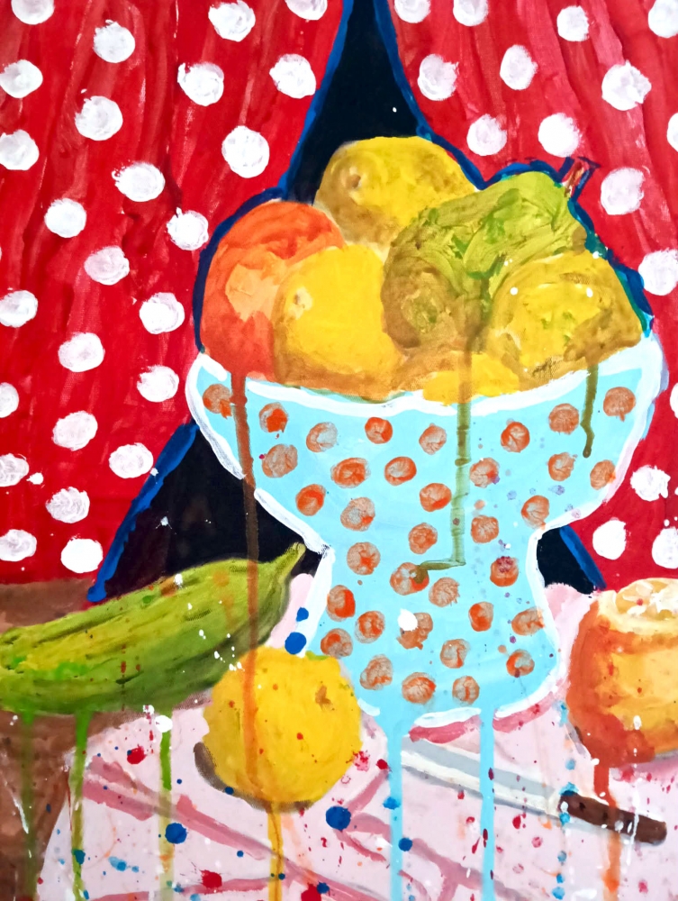 Pintura contemporánea, escena con bodegón de frutas surrealista, lunares, Malavitta