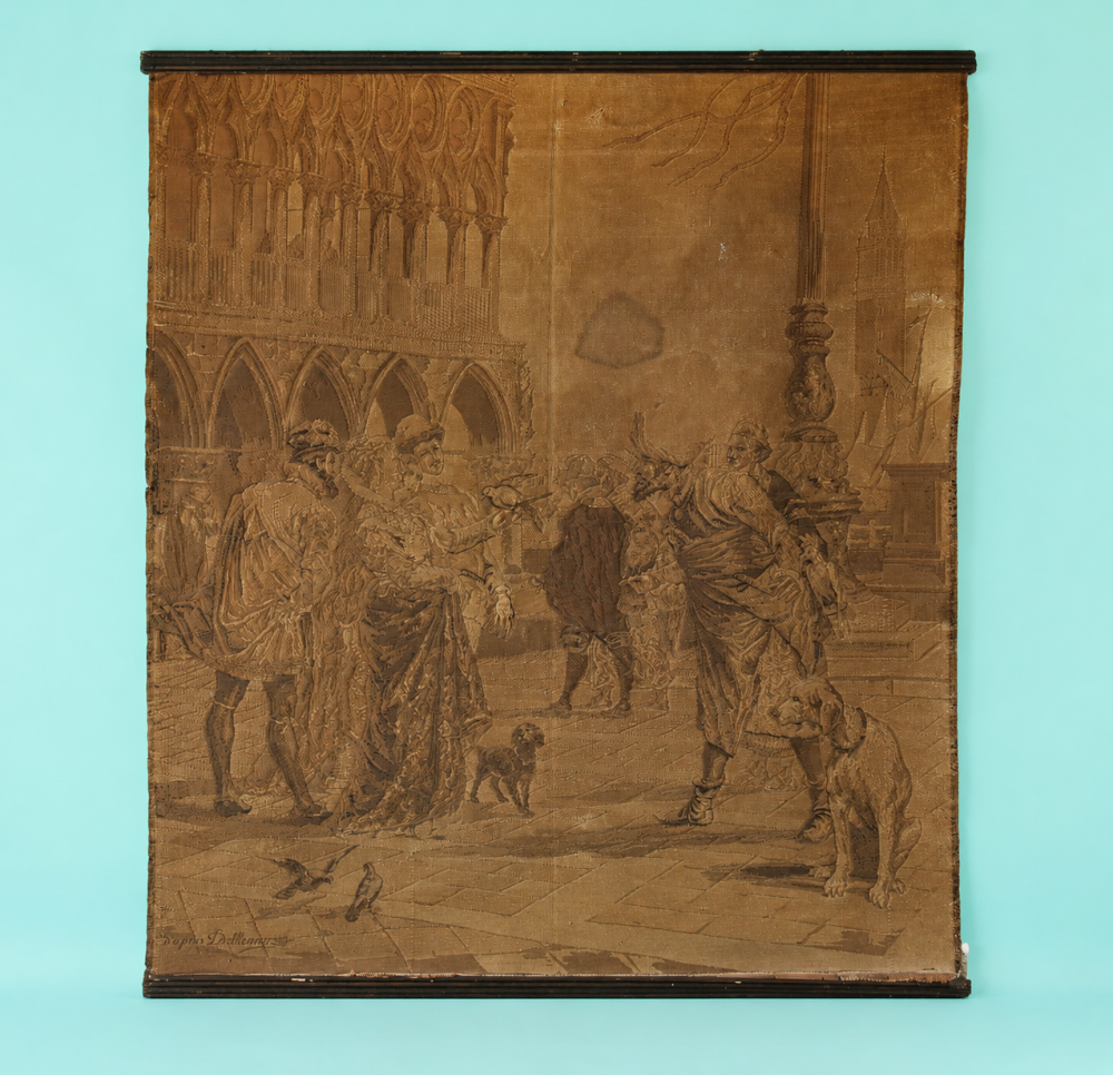 Tapiz mural jacquard antiguo del siglo XIX \"d'après Delleani\", Escena veneciana de gran formato