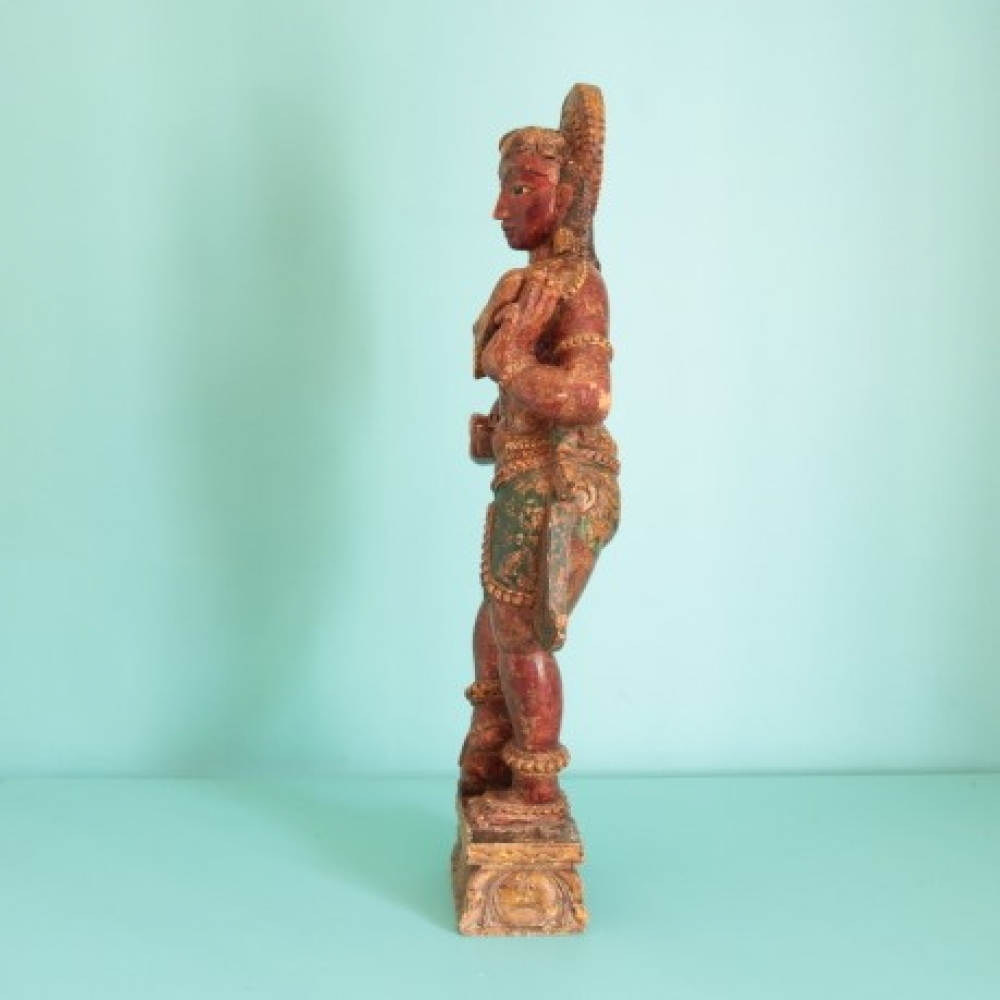 Escultura antigua india de apsara en madera policromada, siglo XIX