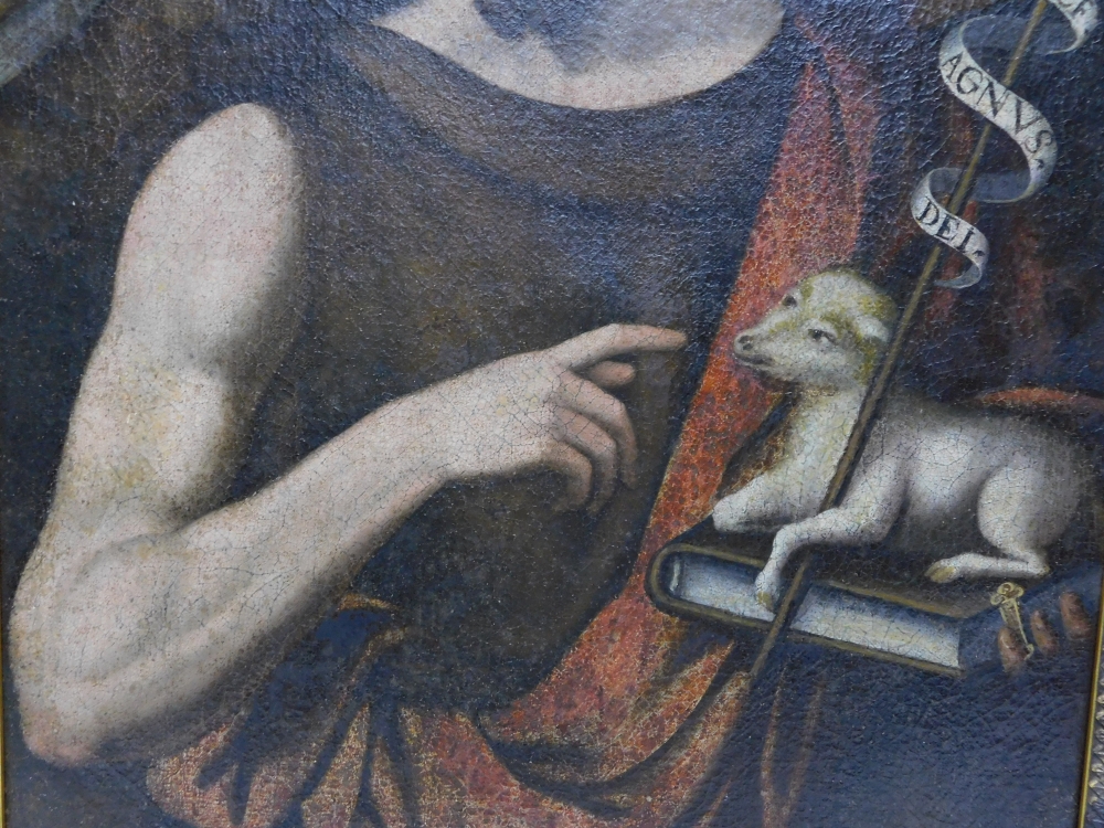 Óleo sobre tela religioso, Cristo con cordero, siglo XVIII