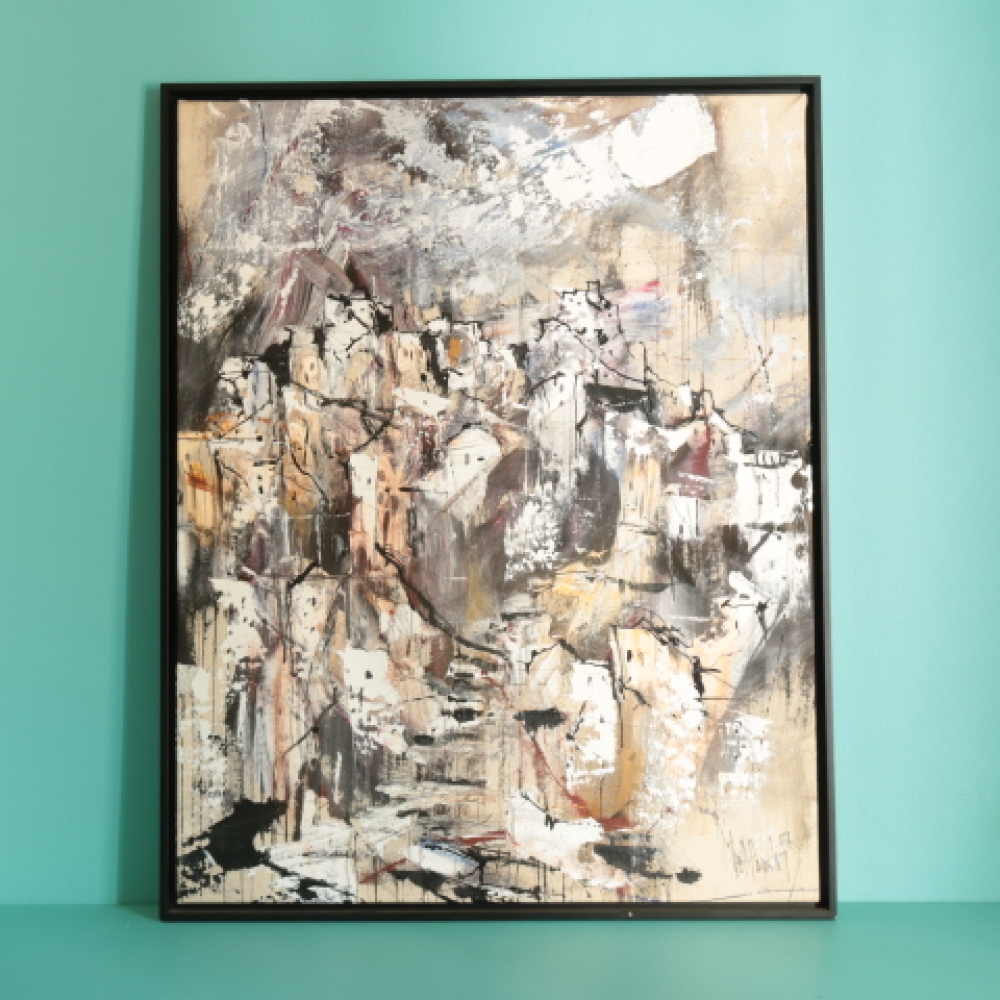 Gino Hollander (1924–2015), Pueblo abstracto, acrílico sobre lienzo, firmado y fechado 2007