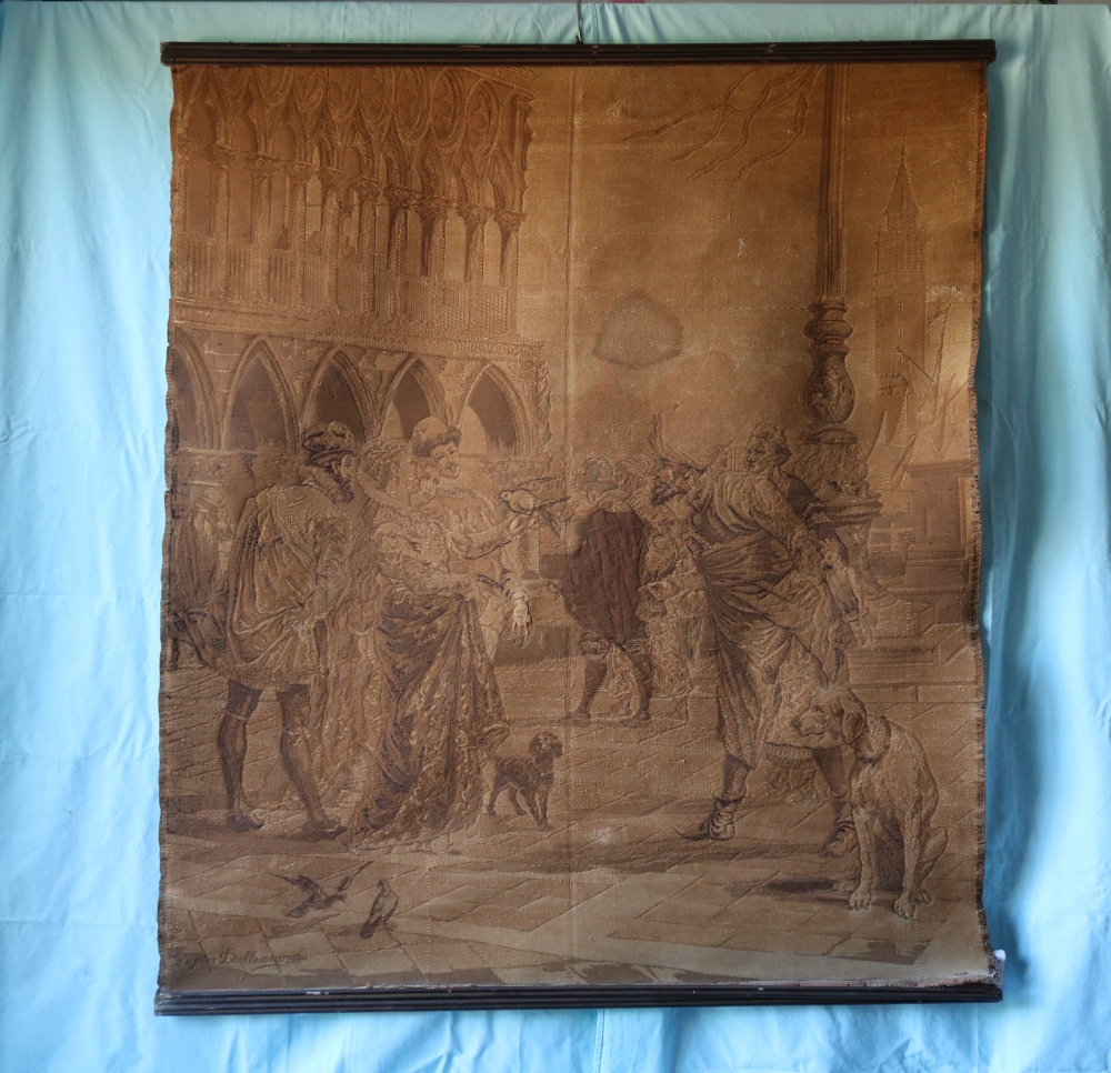 Tapiz mural jacquard antiguo del siglo XIX \"d'après Delleani\", Escena veneciana de gran formato