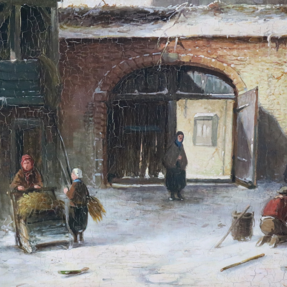 Óleo sobre tabla atribuido a Charles Leickert (1816–1907), Paisaje invernal holandés, siglo XIX