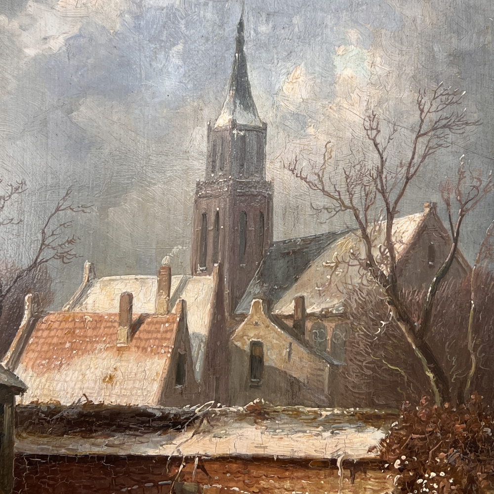 Óleo sobre tabla atribuido a Charles Leickert (1816–1907), Paisaje invernal holandés, siglo XIX