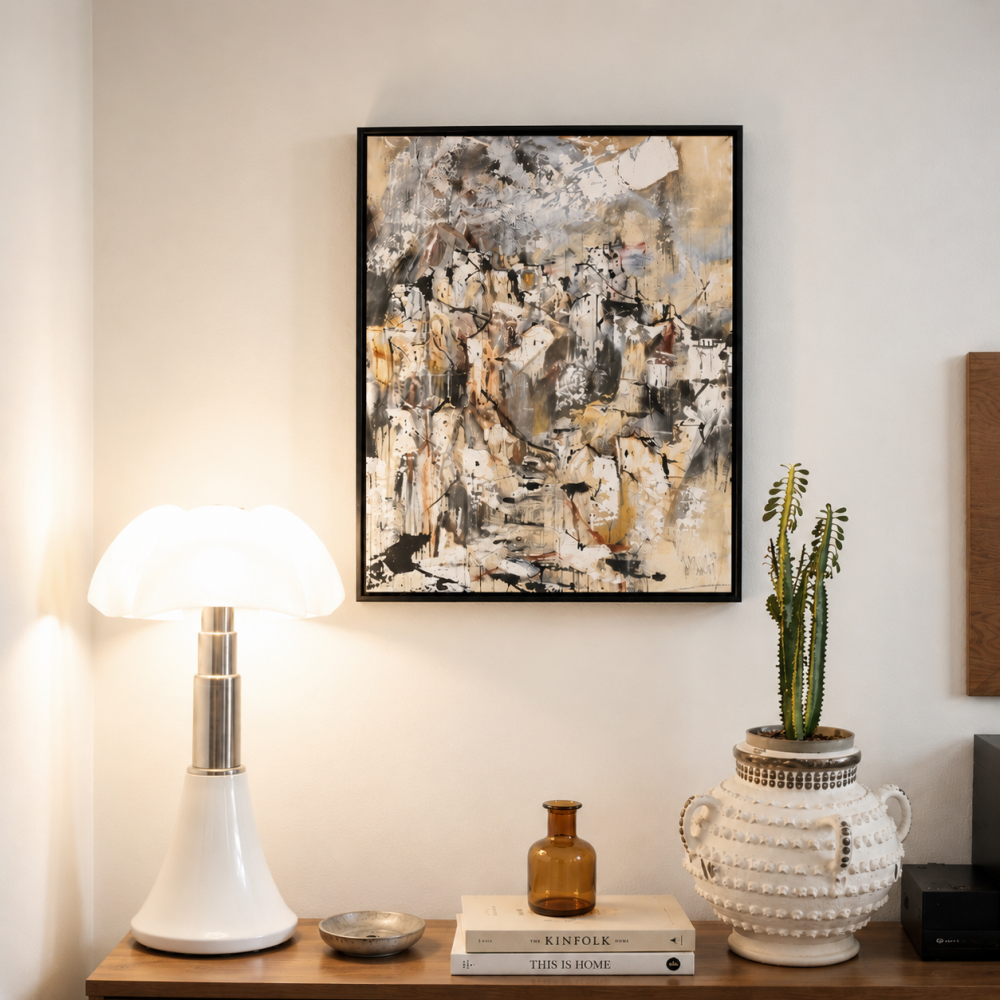 Gino Hollander (1924–2015), Pueblo abstracto, acrílico sobre lienzo, firmado y fechado 2007
