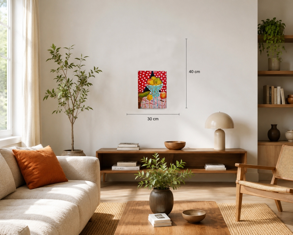 Pintura contemporánea, escena con bodegón de frutas surrealista, lunares, Malavitta