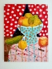 Pintura contemporánea, escena con bodegón de frutas surrealista, lunares, Malavitta