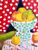 Pintura contemporánea, escena con bodegón de frutas surrealista, lunares, Malavitta