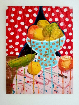 Pintura contemporánea, escena con bodegón de frutas surrealista, lunares, Malavitta