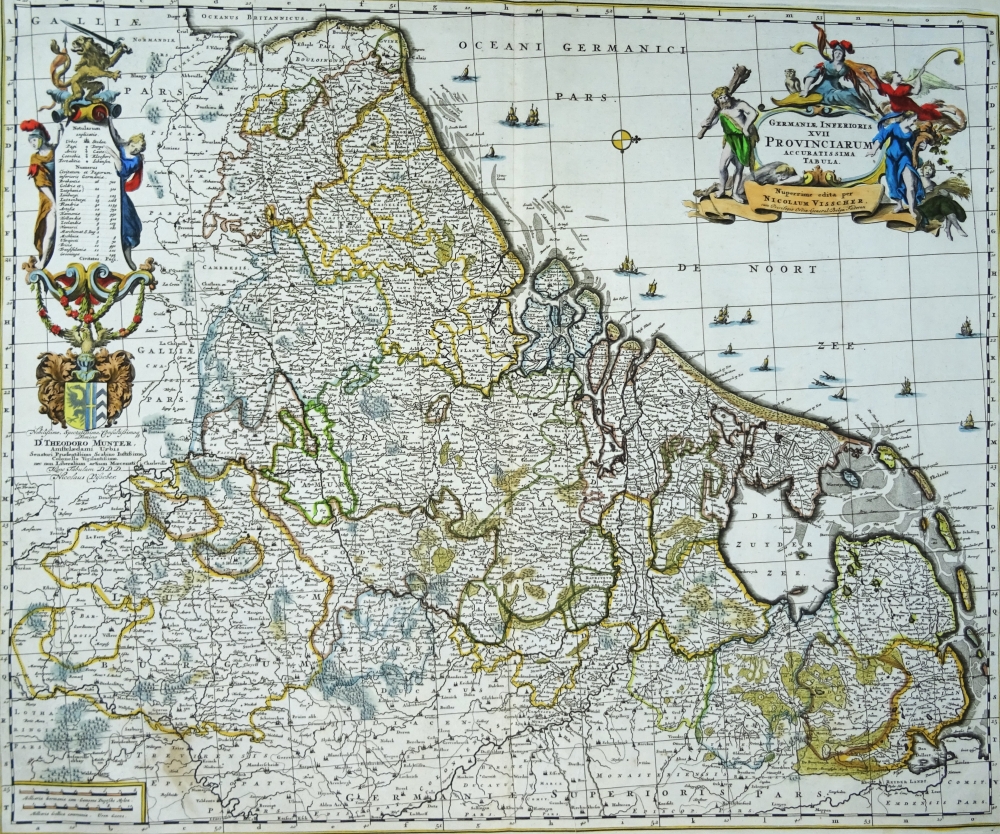 Belgica, Paises Bajos, Luxemburgo, N. Visscher, 1690, Germaniae Inferioris XVII Provinciarum Acuratissima Tabula Nuperrime edita per Nicolaum Visscher