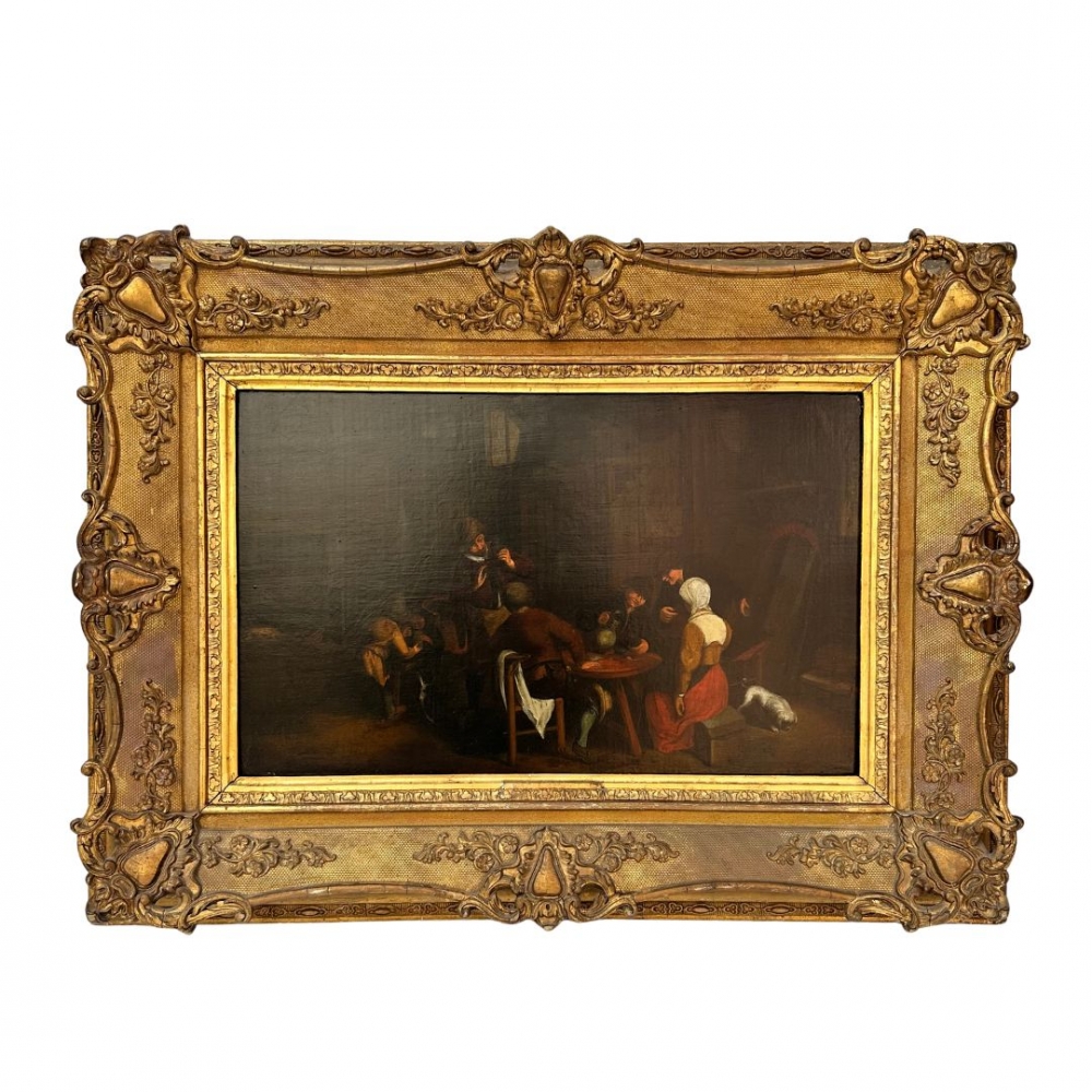 Óleo sobre tabla, “Escena de género”, escuela holandesa, siglo XIX, Países Bajos