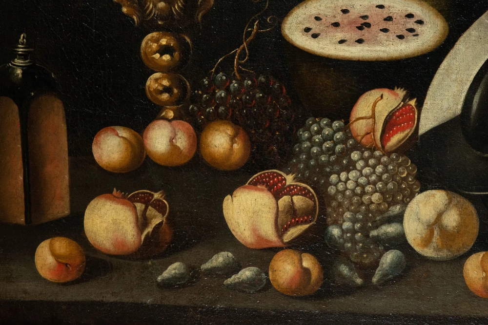 Pareja de bodegones con frutas de verano y aves, atribuídos a Blas de Ledesma, escuela española de finales del siglo XVII