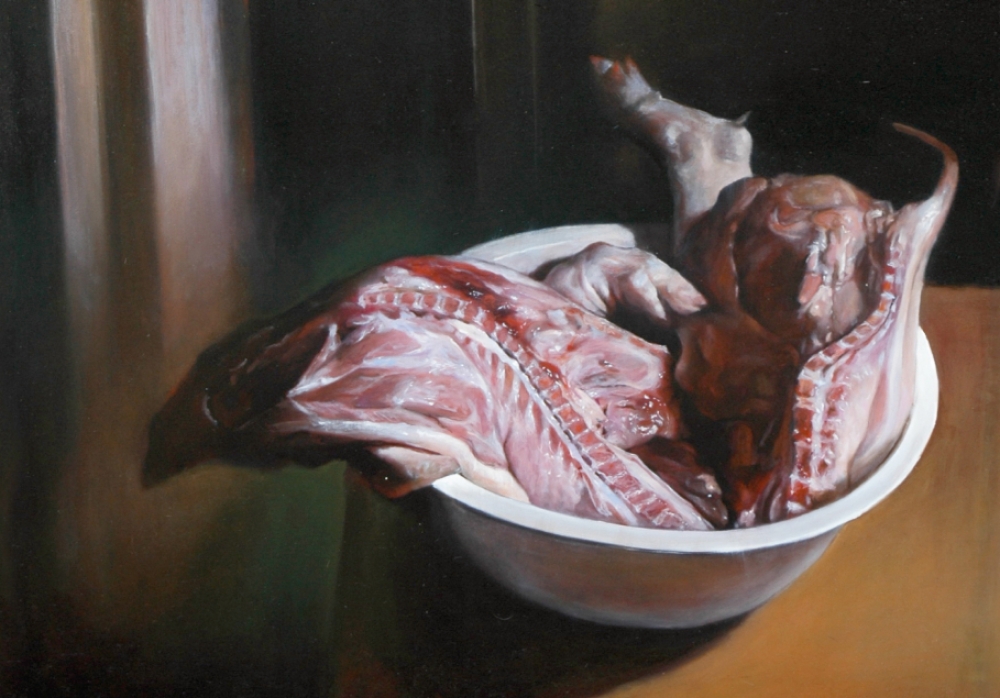 Chao Chen Huang, pintura realista, bodegón con carne sobre mesa
