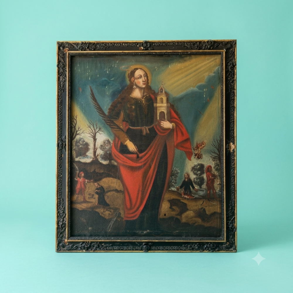 Santa Bárbara, óleo sobre lienzo del siglo XVIII con marco antiguo original
