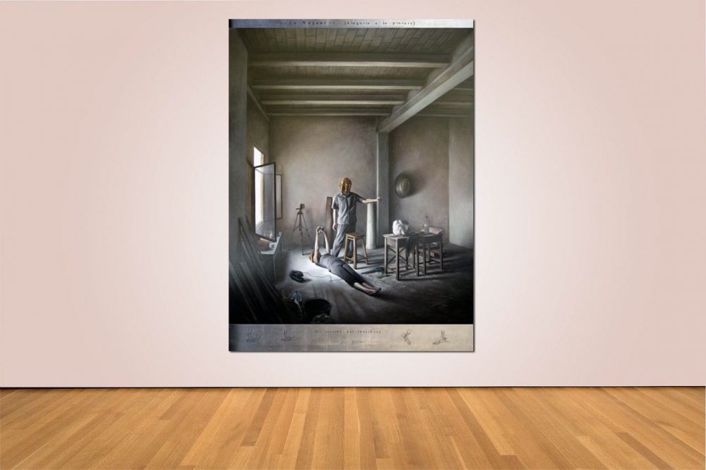 Pintura contemporánea, óleo y pan de plata, Jesús Herrera con escena arquitectura interior, cámara