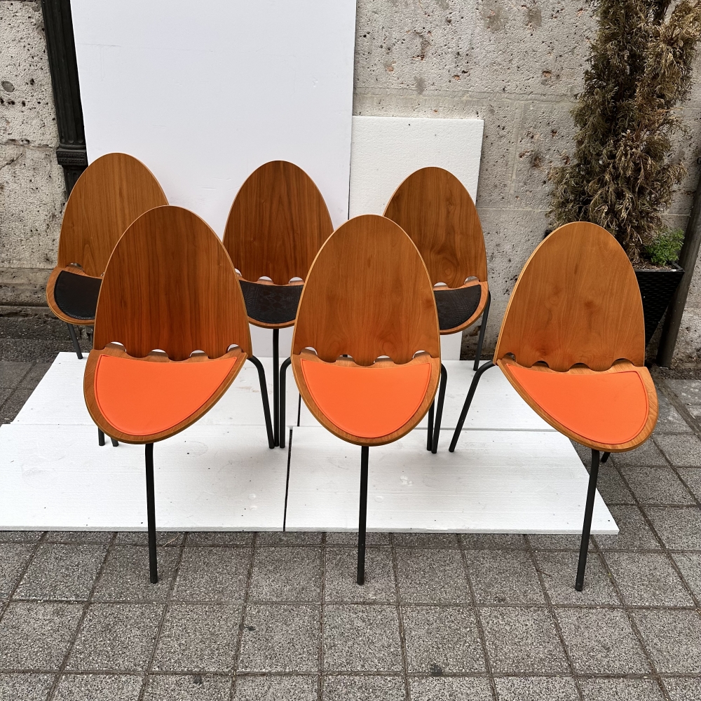 Juego de 6 sillas «A6», Joseph-André Motte para Steiner, madera y cuero, 2000’s, Francia