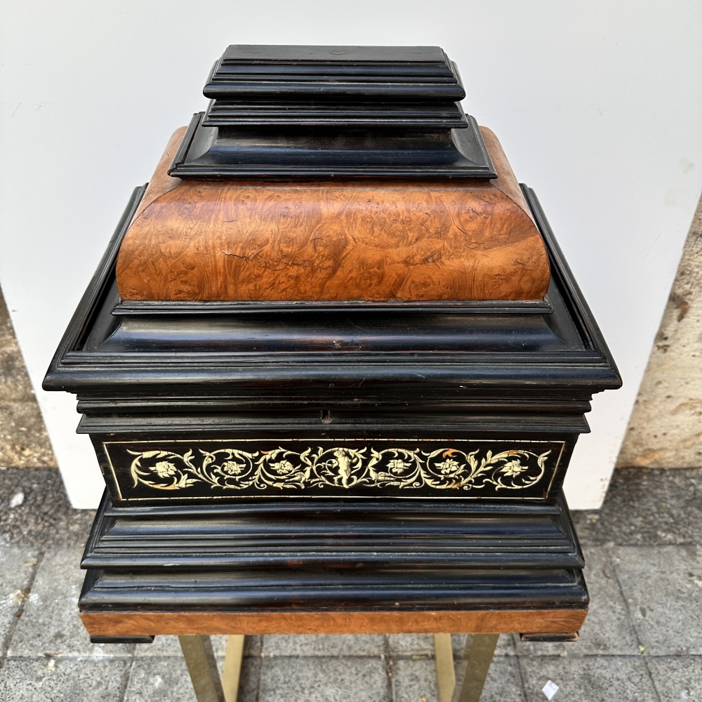 Cofre / Joyero, madera ebonizada, chapa de raíz y hueso, siglo XIX, Belfort, Alemania
