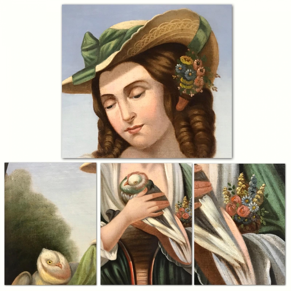 \"Joven con Palomas Capuchinas en Óvalo\", escuela italiana del siglo XVIII