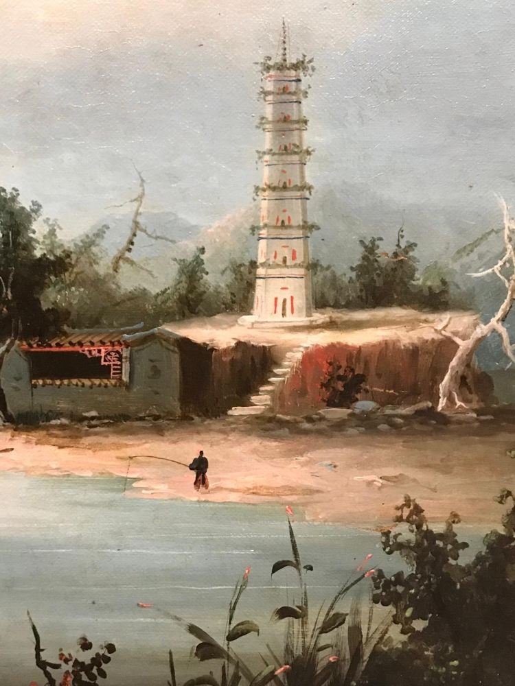 “Paisaje Lacustre con Juncos y Pagoda”, escuela china, primera mitad del siglo XX